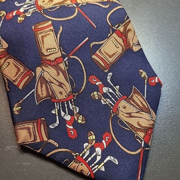 Alynn Neckwear Tie Navy Blue Mens Golf Bag 100% Silk EXCELLENT - Picture 2 of 4